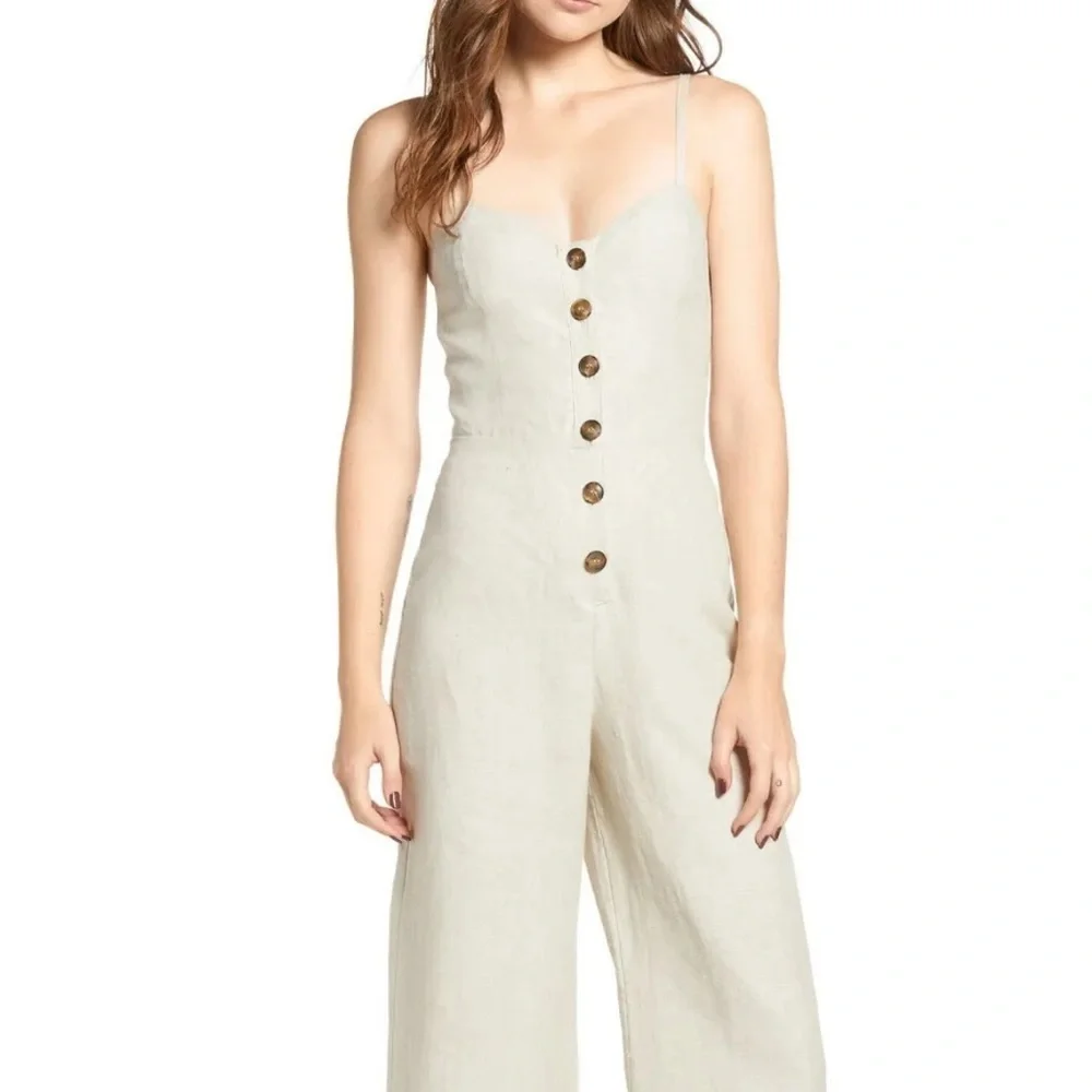 REFORMATION Sand Beige TORTA Linen Button-Down Front V-Neck Pants Jumpsuit